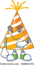 Yellow party hat showing waiting gesture cartoon design concept. Vector illustration