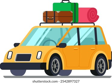 Yellow passenger car is carrying luggage and rolled blanket on its roof rack, preparing for an exciting road trip adventure