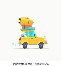 Un coche de pasajeros amarillo va hacia adelante. La familia se va de viaje en coche privado.