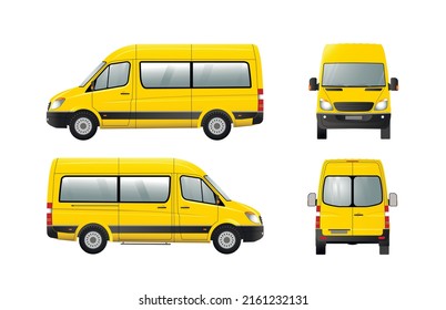 Yellow passenger minibus, front, rear, right, left view Flat vector illustration