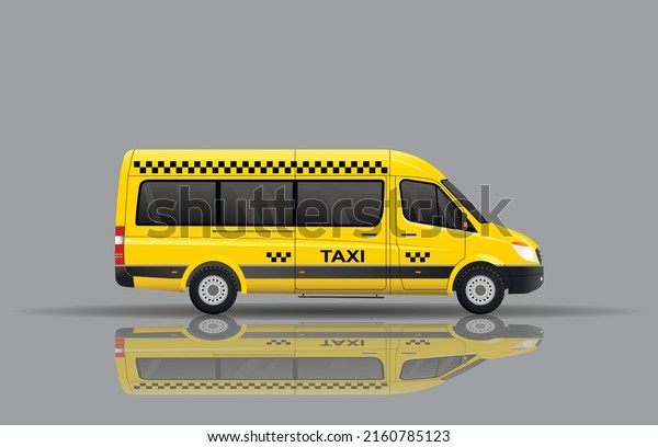 yellow passenger minibus taxi\
reflecting on the ground. Urban transport. Flat vector\
illustration.