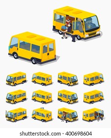 Yellow passenger minivan. 3D lowpoly isometric vector illustration. The set of objects isolated against the white background and shown from different sides