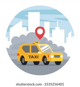 Yellow passenger taxi for city trips. Taxi stop sign.