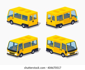 Yellow passenger van. 3D lowpoly isometric vector illustration. The set of objects isolated against the white background and shown from different sides