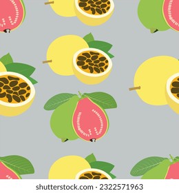 Frutos de pasión amarillos cortados por la mitad con hojas verdes y frutos verdes sanos. Vector de patrón de frutas.