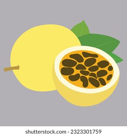 Yellow passion fruit with cut in half and green leaf. Vector art work.