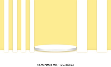 Yellow pastel 3D room with realistic white pastel cylinder pedestal podium. Minimal scene for product display presentation. Stage for showcase. Vector geometric design platform.