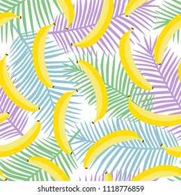 yellow pastel banana on purple green and blue palm leaves background exotic tropical fruit hawaii pastel summer sweet seamless pattern vector.