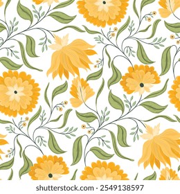 Yellow pastel hand drawn flower pattern line art vector seamless design