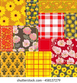 Yellow patchwork with checkered fabrics, damask print and fantasy flowers. Retro textile collection.