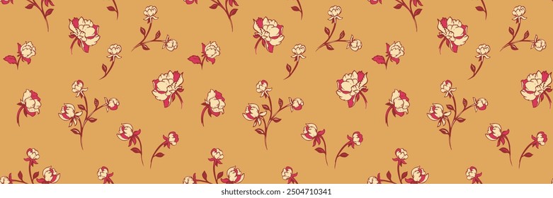 Gelbes Muster mit abstrakten kreativen Rosenknospen, Rosenmuster. Vektorhandzeichnung. Stilisierte winzige Zweige Blumen nahtlosen Hintergrund. Einfache Ornamente für Designs, Textil, Druck, Oberflächengestaltung