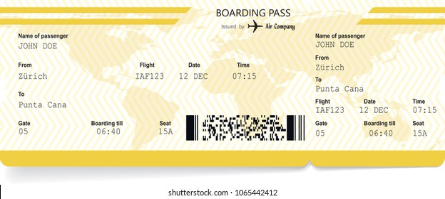 Yellow pattern of airline boarding pass to plane for travel journey. Vector illustration