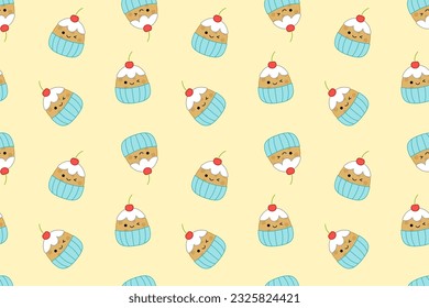 Patrón amarillo con quequitos. Squishmallow. Pastel. Kawaii, Vector. Ilustración vectorial aislada eps 10