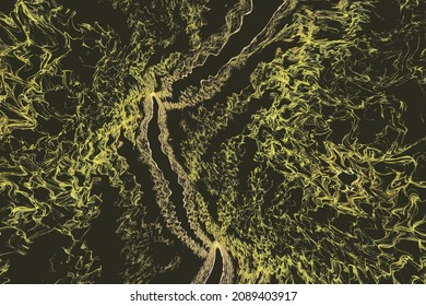 Yellow pattern of curves waves on a black background. Abstract vector image.
