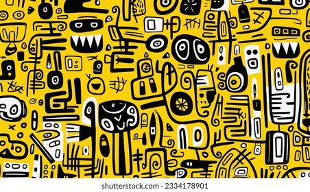 yellow pattern for decorative elements, in the style of dadaism, scott adams, geometric shapes  patterns, calarts, algeapunk, expressive faces, rhythmic linear patterns