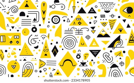 yellow pattern for decorative elements, in the style of dadaism, scott adams, geometric shapes  patterns, calarts, algeapunk, expressive faces, rhythmic linear patterns