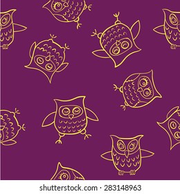 Yellow Pattern Funny Owl On A Dark Red Background Vector Illustration