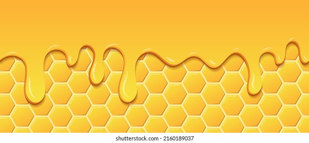 Yellow pattern with honeycomb and honey drips. Dripping honey seamless pattern. Gold honey hexagonal cells seamless texture. Vector illustration