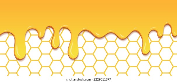 Yellow pattern with honeycomb and honey drips. Dripping honey seamless pattern. Gold honey hexagonal cells seamless texture. Vector illustration