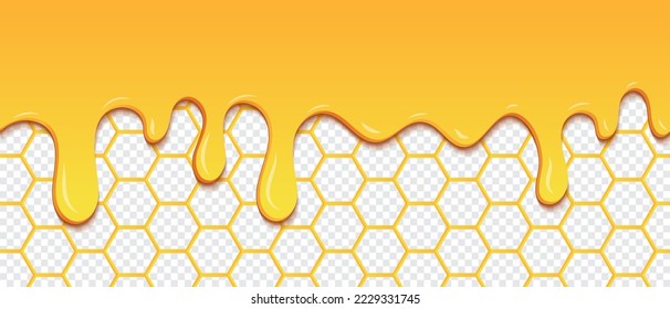 Yellow pattern with honeycomb and honey drips. Dripping honey seamless pattern. Gold honey hexagonal cells seamless texture. Vector illustration