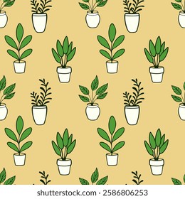 Yellow pattern with indoor plants in flowerpots, cozy home, recreation area, relaxation, remote work, comfortable conditions. Vector illustration