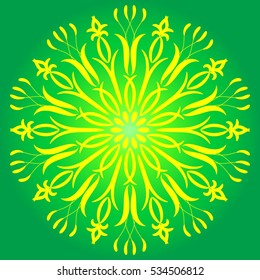 yellow pattern on a green background. Abstract Flower Mandala. Decorative element for design. snowflake. Zentangle mandala style. Good idea for greeting cards, invitations, prints, textiles, tattoo.
