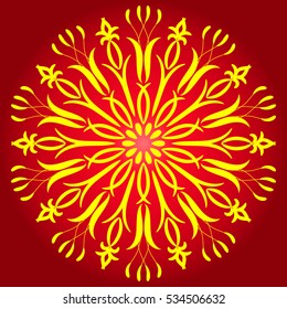 Yellow pattern on a red background. Abstract Flower Mandala. Decorative element for design. snowflake. Zentangle mandala style. Good idea for greeting cards, invitations, prints, textiles, tattoo.