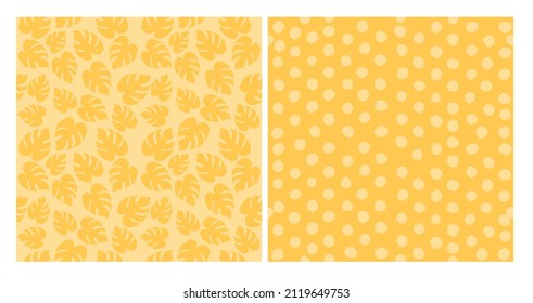 yellow pattern set with tropical leaves and polka dots. set of seamless vector backgrounds. decor with monstera leaves. Modern design for print, paper, packaging, cover, fabric, interior decor