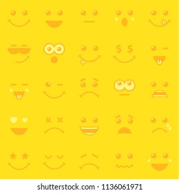 Yellow pattern template of line art emoticons or emoji icons. Happy yellow smiley in a flat design of World Emoji Day on yellow background. Vector emoticon joy icons