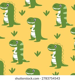 yellow pattern t-rex dinosaur seamless pattern cute cartoon design for kids apparel. good for kids apparel