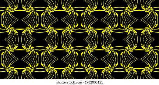 A yellow pattern of twisted shapes and lines on a black horizontal background. Use it for textures and illustrations.