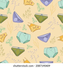 Yellow pattern with underwear. Background screensaver. Briefs of different styles. Natural motives. Leaves and flowers. Colored panties.