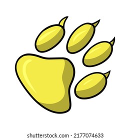 Yellow paw print of an animal with claws, vector illustration in cartoon style on a white background