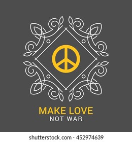 Yellow peace symbol. Line art monogram. Isolated on gray background. Make Love, Not war. Free space for text. Vector illustration.