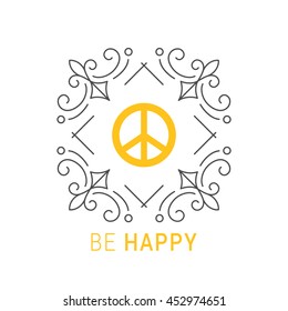 Yellow peace symbol. Line art monogram. Isolated on white background. Be Happy. Free space for text. Vector illustration.