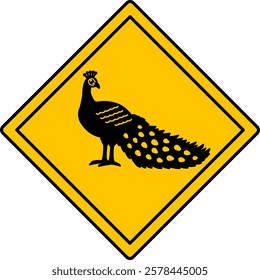 Yellow Peacock Road Sign. Vector Icon. Bird. Road Sign Warning Animals Crossing Road. Zoo Sticker