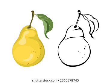 Yellow pear cartoon illustration and black and white outline.  Fruit icon.