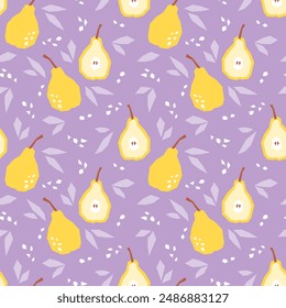 Yellow pear cartoon seamless pattern on lilac background. Pear slice with leaves and abstract element geometric print for fabric, paper, design.