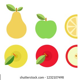 Yellow pear, colored apples, a slice of lemon and apple top and side view vector flat icon isolated on white