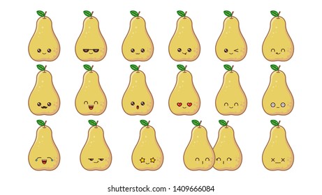 Yellow pear cute kawaii mascot. Set kawaii food faces expressions smile emoticons. 