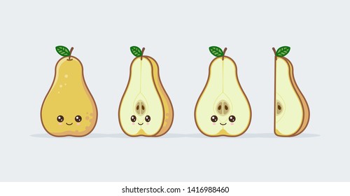 Yellow pear cute kawaii mascot. Set of funny kawaii drawn fruit in the cut