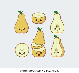 Yellow pear cute kawaii mascot. Set of funny kawaii drawn fruit in the cut