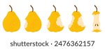 Yellow Pear eating steps cartoon icon set. Stages of biting ripe pear from whole to half and core, bite progression cartoon set sequence animation of eaten fruit Trendy flat style vector illustration