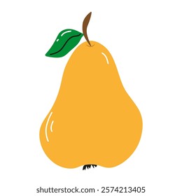 Yellow pear in flat style.Isolated icon of juicy pear with green leaf on white background