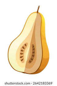 Yellow pear food cut half, piece, part and slice chopped of fruit. Harvest ripe fruit. Popular healthy garden food pear. Vector flat illustration