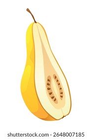 Comida de pera amarela cortada metade, pedaço, parte e fatia picada de fruta. Colhe frutas maduras. Popular pera de comida de jardim saudável. Ilustração em plano vetorial