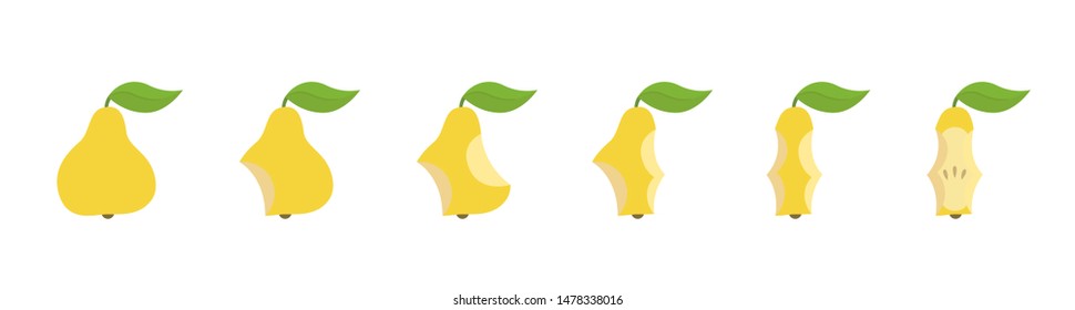 Yellow pear fruit bite stage set. From whole to pear core gradual decrease. Bitten and eaten. Animation progression. Flat vector illustration.