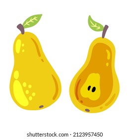 Fruto de pera amarilla con hoja. Buena comida natural. Ilustración vectorial aislada en fondo blanco.