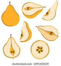 Yellow pear fruit. Whole, chopped, cut half, quarter, piece, section, part, slice of fruit
