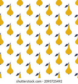 Yellow pear fruits with blue leaves on a white background. Vector pattern